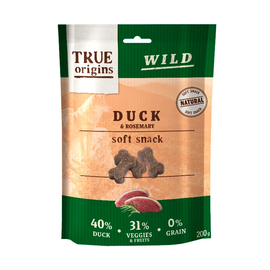 Ossos de pato selvagem e alecrim True Origins para cães, 200g