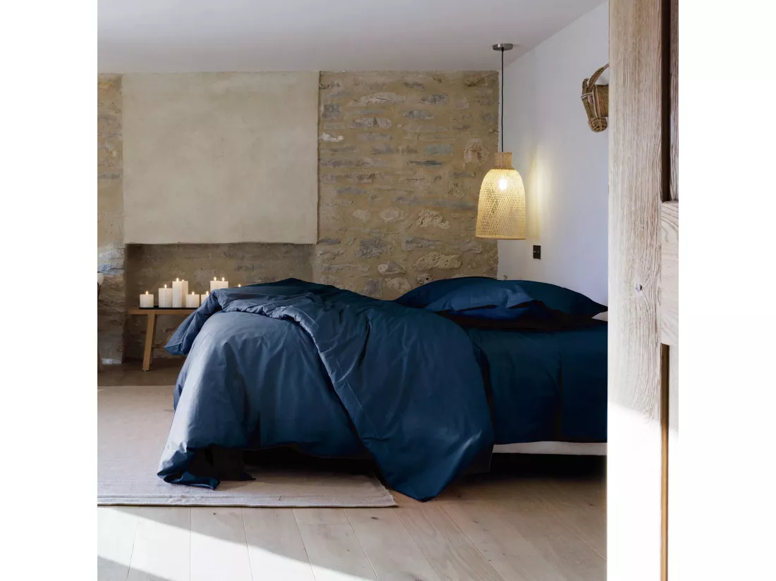 Drap plat 180x290 cm percale de coton MANOIR bleu Marine