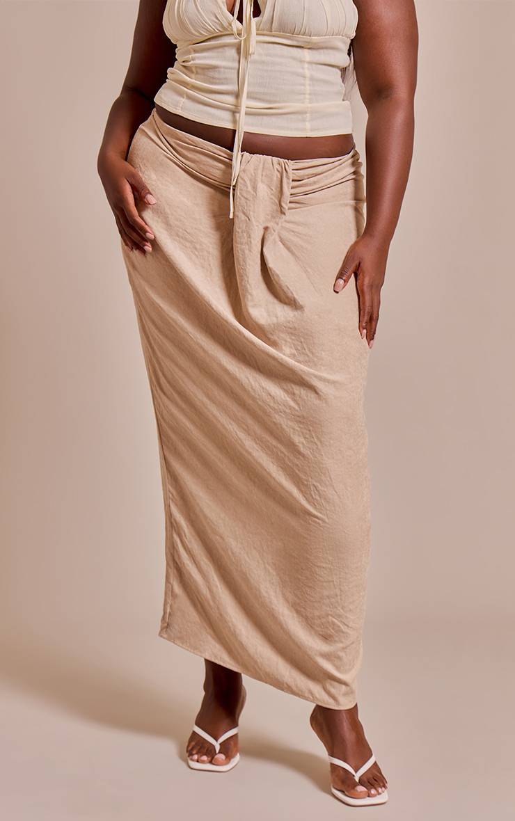 Beige Jupe Longue Grande Taille Drapée Devant Effet Peau De Pêche