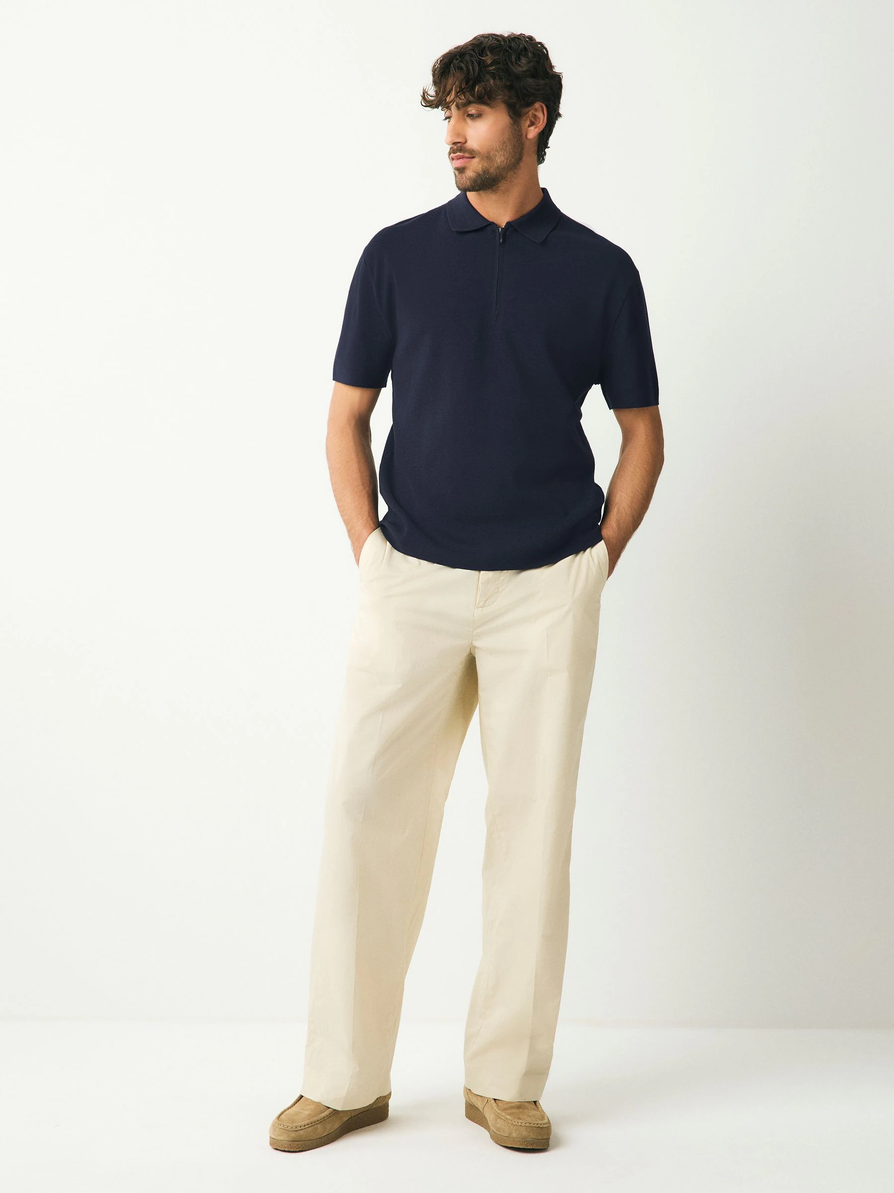 Donkerblauw - Relaxed Fit Premium middelzwaar gebreid poloshirt met korte mouwen