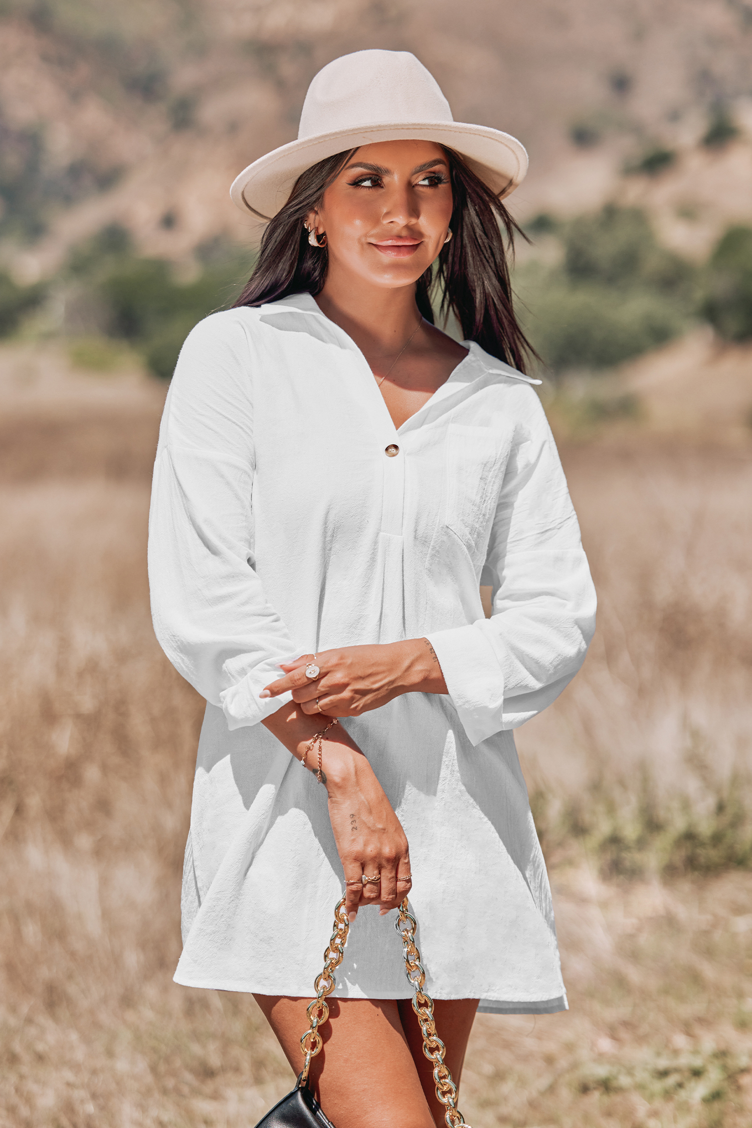 Robe chemise mini en pur coton à manches longues
