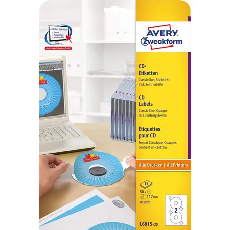 Avery Zweckform L6015-25 CD-Etiketten ClassicSize,A4 Ø 117 mm, 25 Bogen/50 Etiketten, weiß