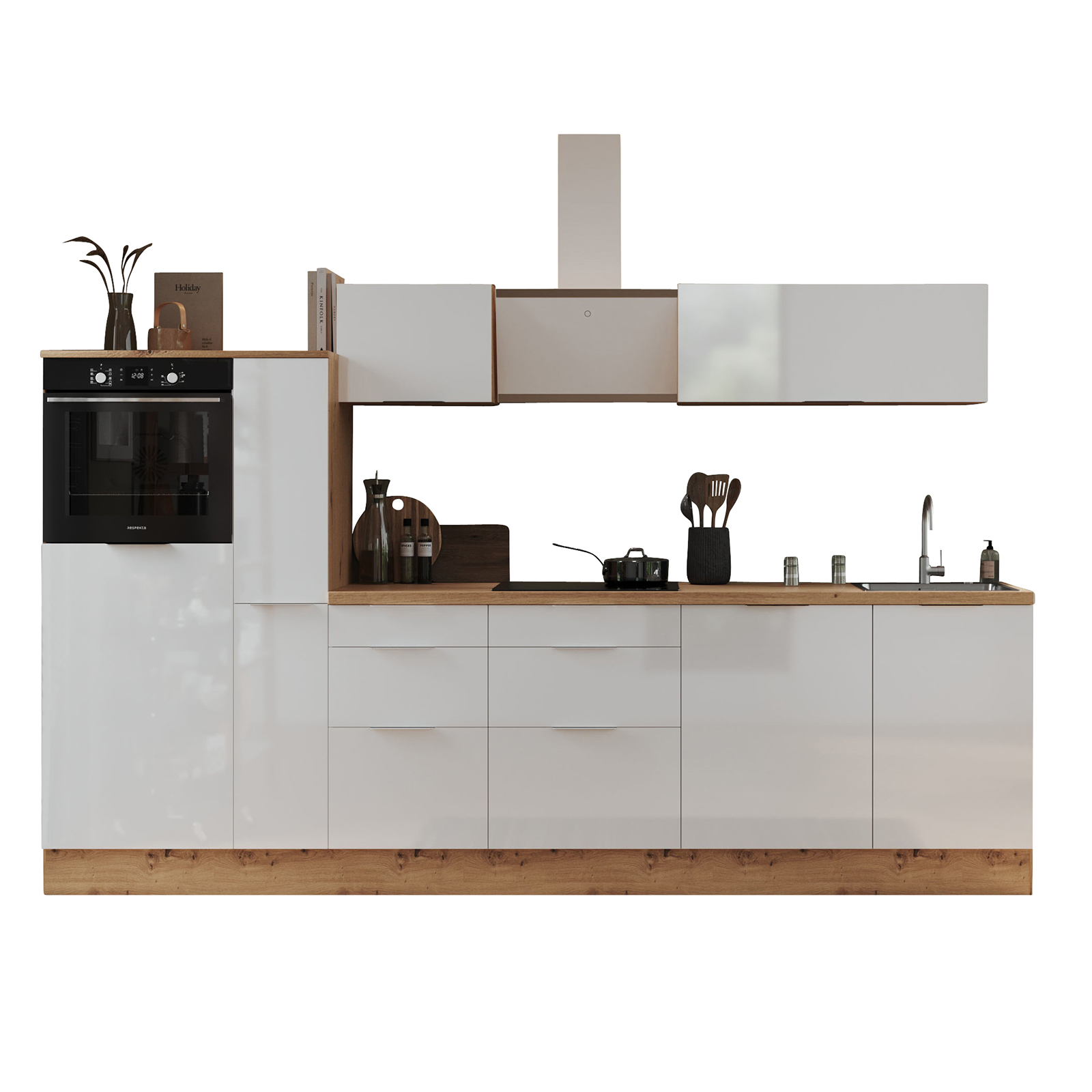 RESPEKTA Küchenblock - weiß Hochglanz - Artisan Eiche - mit E-Geräten - 310 cm