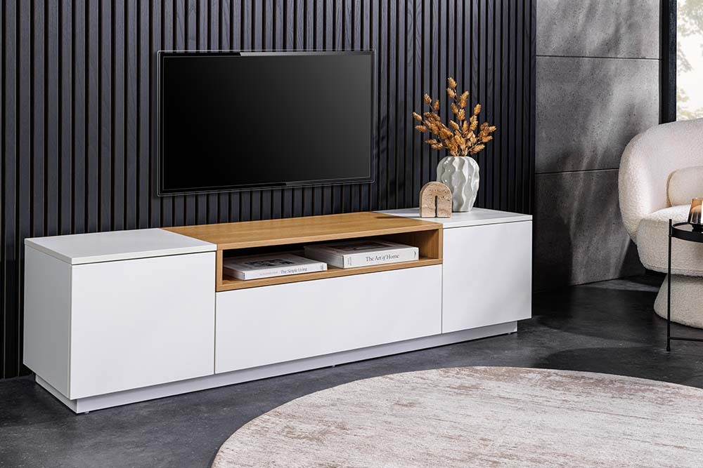 Modernes TV-Board LOFT 160cm weiß natur drei Fächer mit Schublade