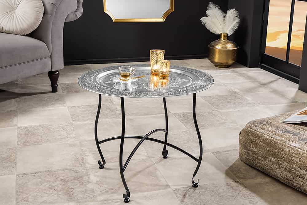 Runder Couchtisch MARRAKESCH 60cm silber Teetisch abnehmbares Tablett klappbar