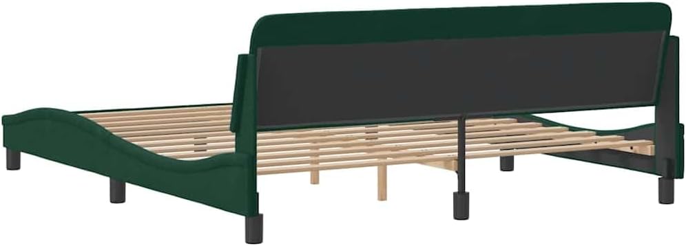Dover Dark Green Velvet Queen Bed Frame, 180x200 cm, Metal & Solid Pine Wood Platform with Headboard, Sturdy Slats for Mattress Support, Elegant Wavy Design for Bedroom