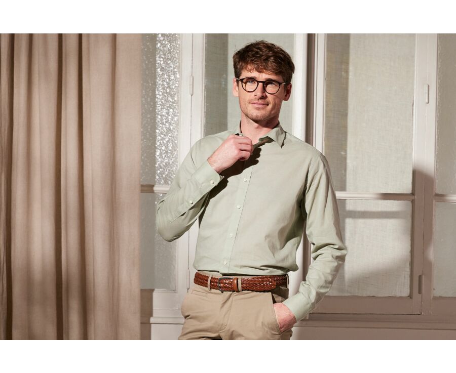 Chemise coton lin vert tilleul unie - SILBERT