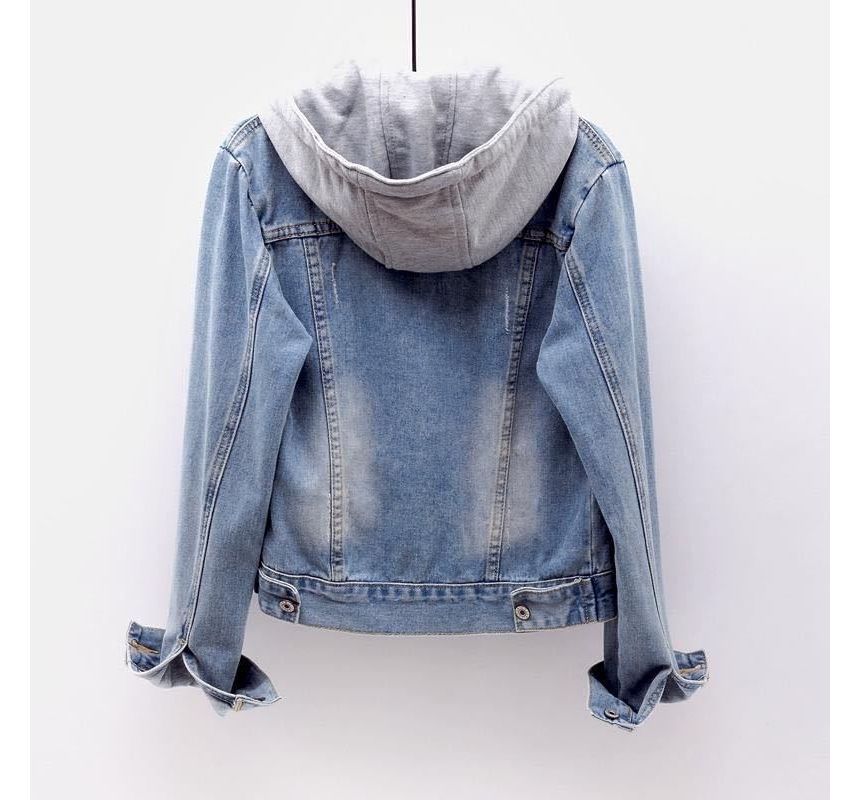 Hanji - Gewassen denimjack met capuchon en knoopjes