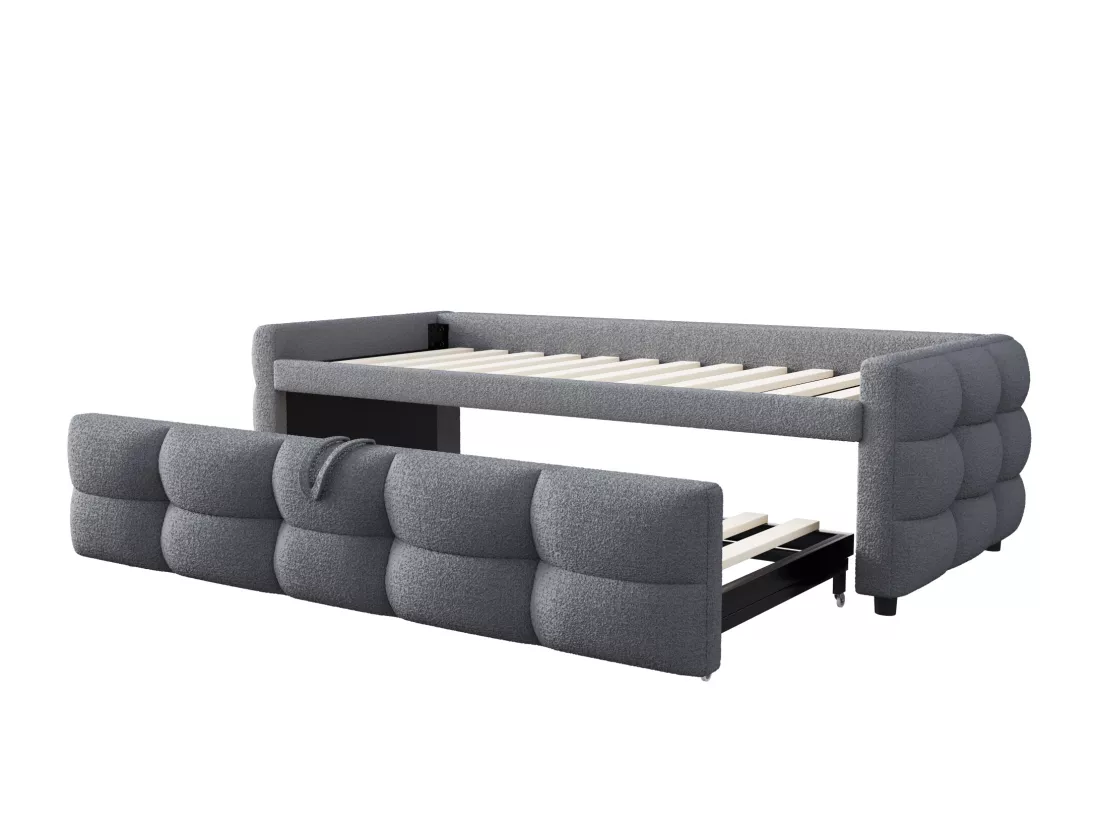 Lit gigogne 90/180x190 cm en velours - avec sommier à lattes - Gris