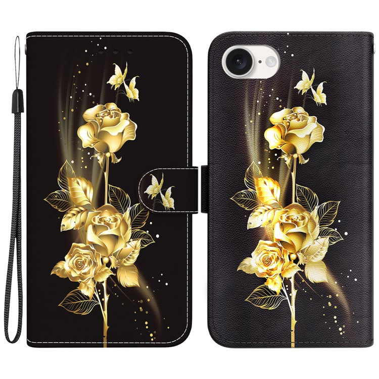 iPhone 16e Leder Tasche mit Kartenfach   Handschlaufe - Schmetterling / Rose (Schwarz / Gold)