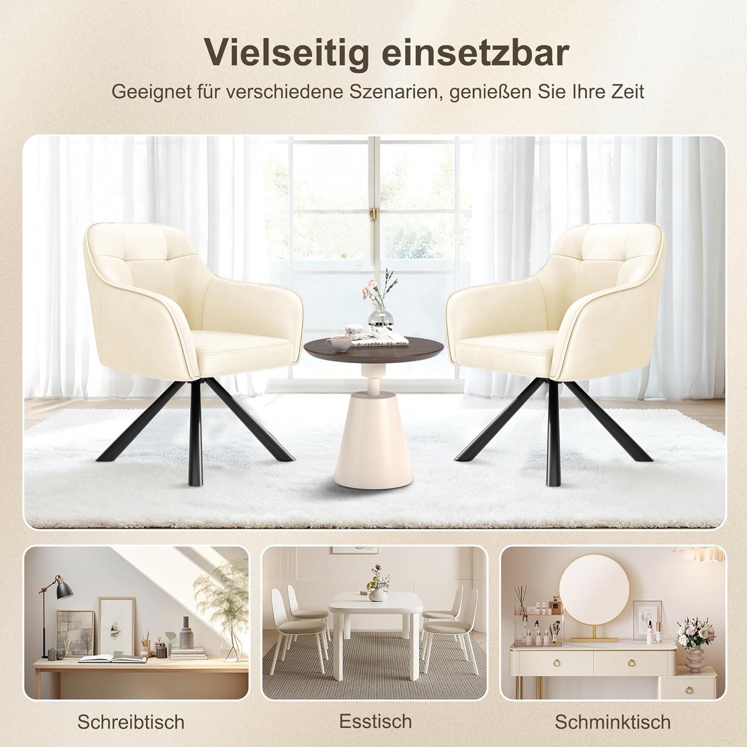 YOUDENOVA Esszimmerstühle 2er Set, 360° Drehbar mit Armlehnen, Samt Polsterstuhl für Esszimmer, Küche, Wohnzimmer & Büro, Stühle Esszimmer Weiß