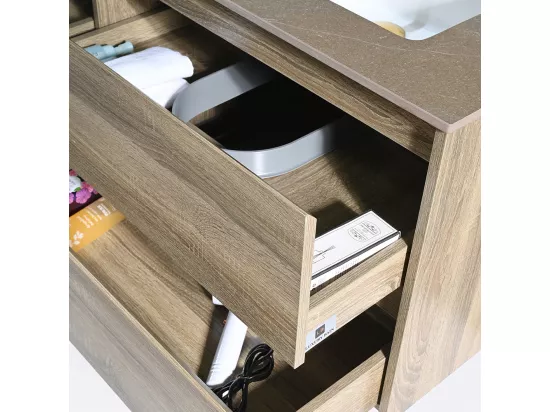 Meuble salle de bain double vasque 120cm bois et effet marbre marron avec miroir LED LB-8475M-120