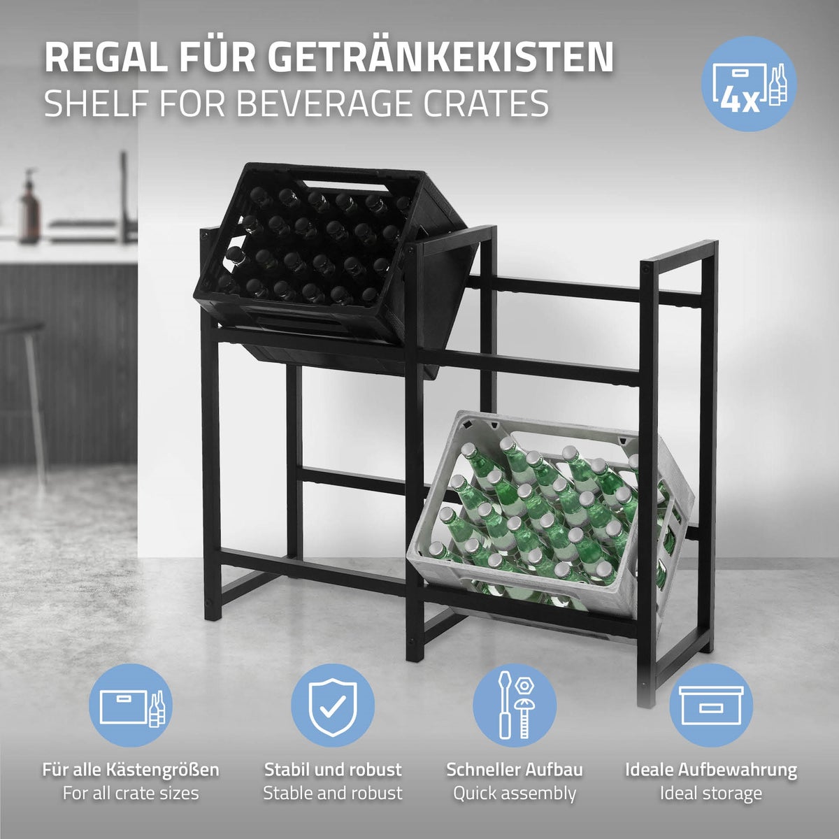 ML-Design Drankkrattenrek voor 4 kratten, 91x31x75,5 cm, staal, vrijstaand, staand rek voor drankkratten, drankenrek, dozenrek, krattenrek, bierkrattenrek, drankkrattenstandaard, krattenstandaard
