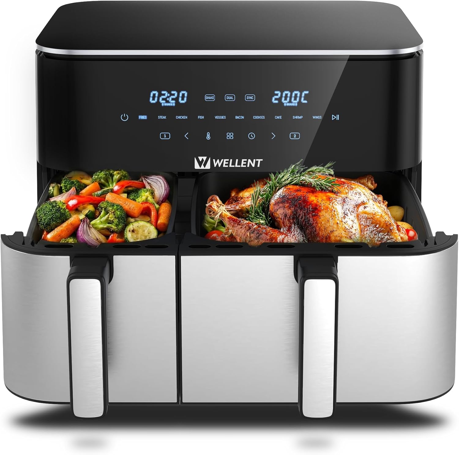 Heißluftfritteuse 2 Kammern, 2600W 11L Airfryer XXL(4+7L) WELLENT 10-in-1 Heissluftfritteuse Doppelkammer Air fryer Dual Zone mit Touchscreen, Match & Synchronisierungsfunktion, spülmaschinenfest