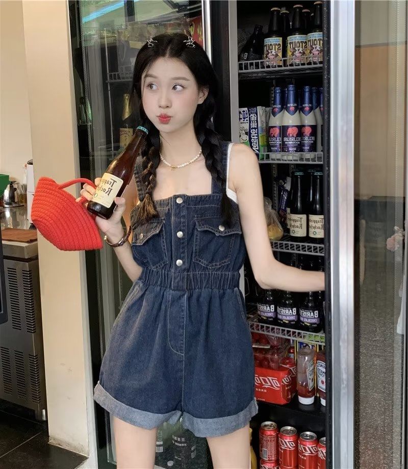 Wildfoea - Mouwloze denim romper met effen zakdetail