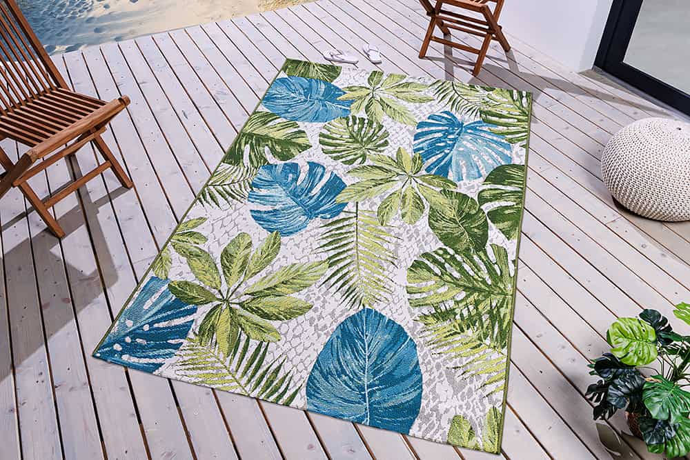 In- und Outdoor Teppich LEAF 235x160cm türkis grün weiß Blätter florales Design wetterfest