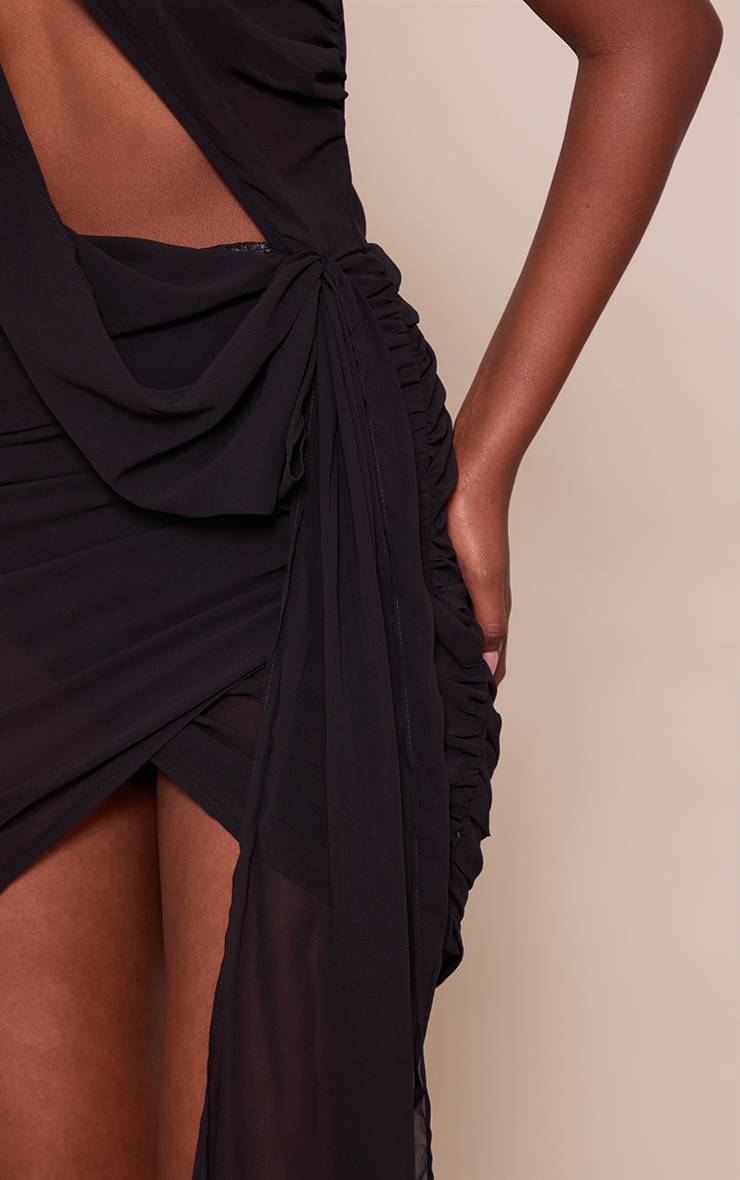 Noir Robe Moulante Drapée Asymétrique En Mousseline Transparente Avec Détails Froncés