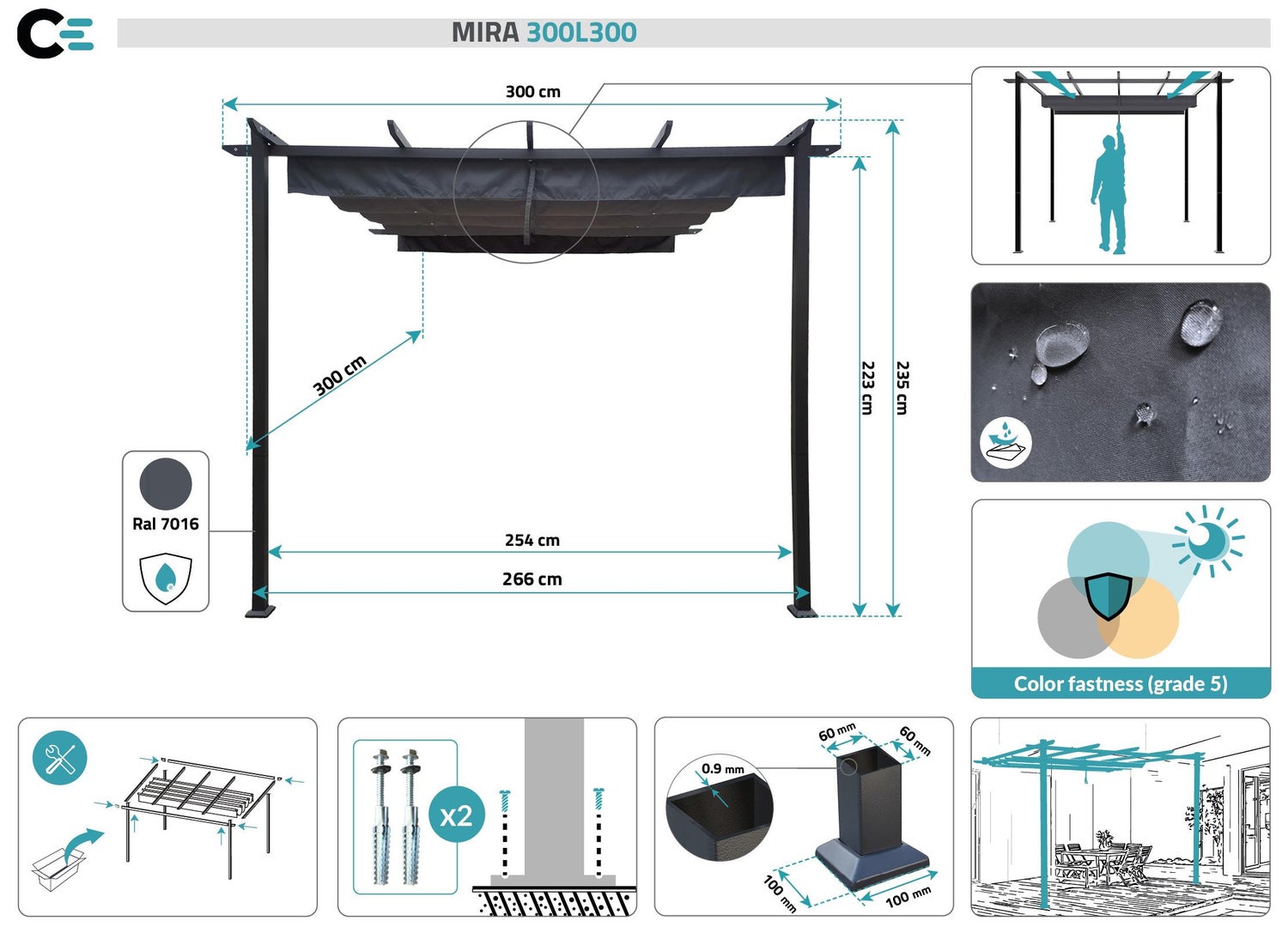 Pergola MIRA 300L300 Antraciet Wandmontage