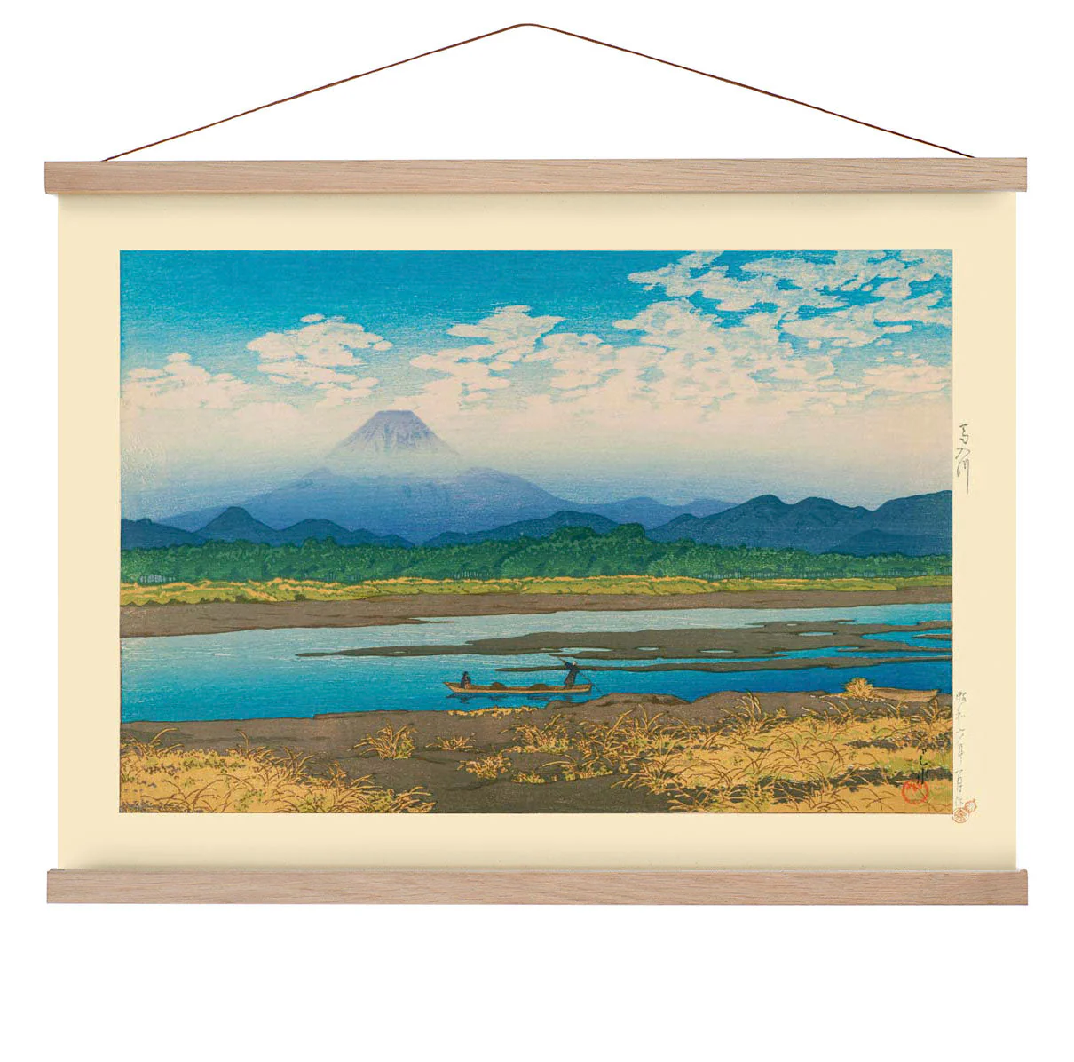 Mt Fuji vom Fluss Banyu aus gesehen Kunstdruck von Hasui