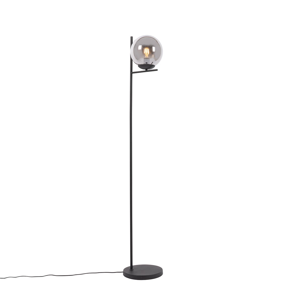 QAZQA - Design Art Deco vloerlamp, zwart met rookglas - Flore | Woonkamer | Slaapkamer - Stalen bol | Bolvormig | Langwerpig - LED-compatibel, E27