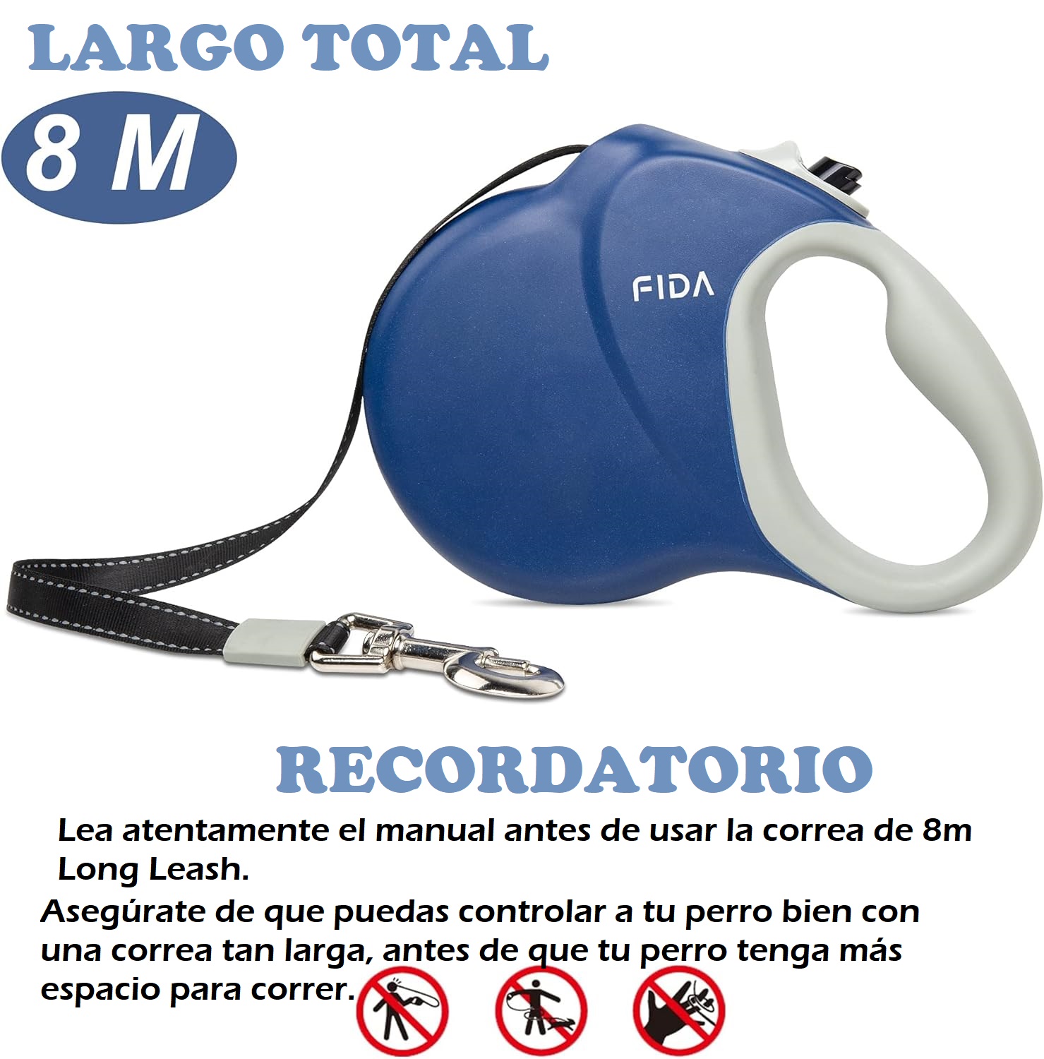 Guia retrátil extra longa Fida de 8 metros