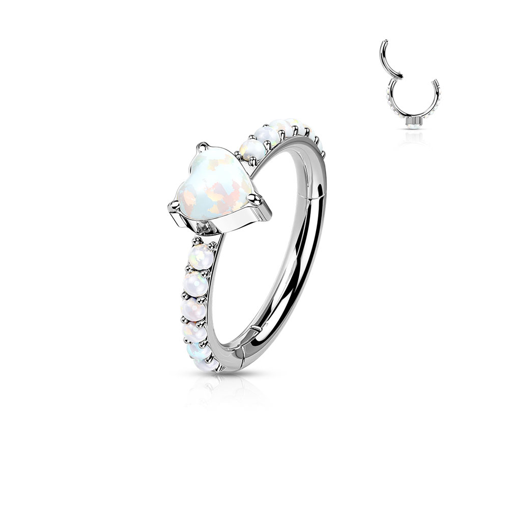 (8mm / 1.2mm) Tragus / Helix G23 Titan Ohr Piercing Klickverschluss Opal Ring mit Herz - Silber / Weiss