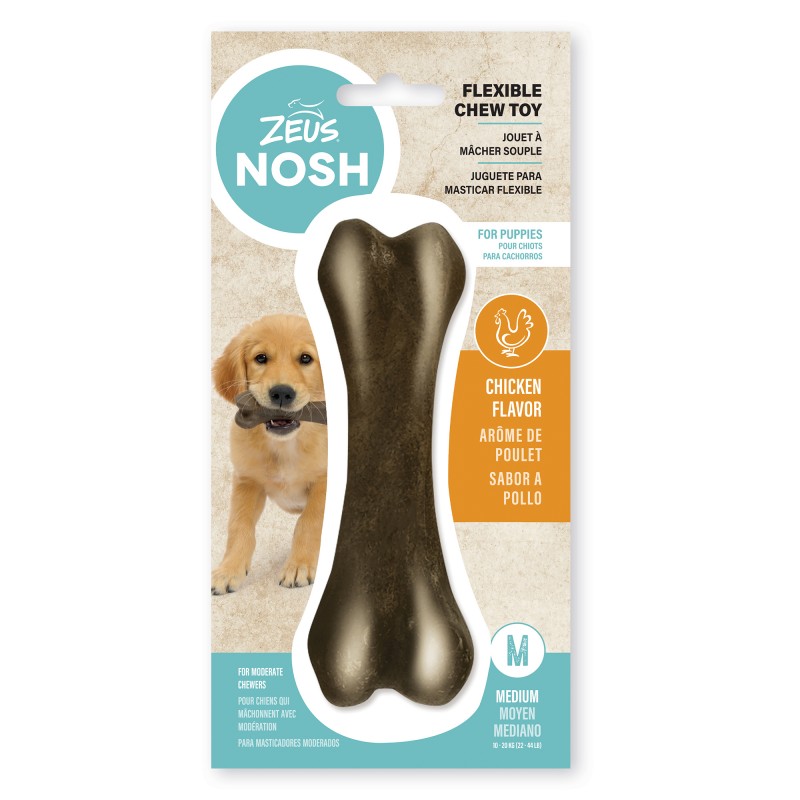 Brinquedo flexível para mastigar Zeus Nosh para filhotes, em formato de osso, com sabor de frango, 11 cm