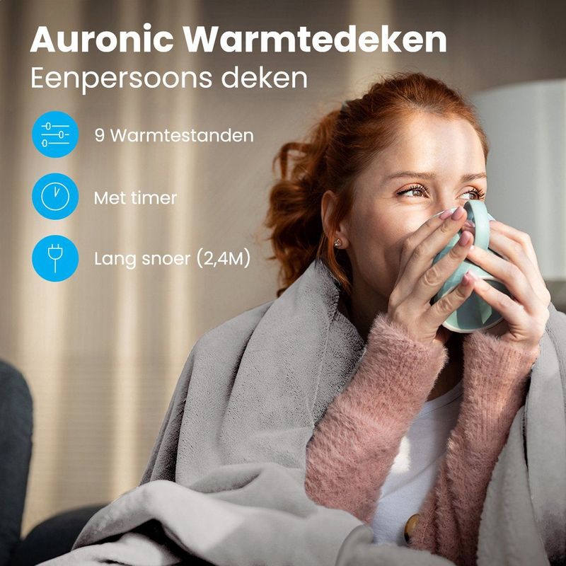 Auronic Elektrische Deken - Warmtedeken - 9 Warmtestanden - 1 Persoons - 160x120cm - Verwarmingsdeken - Licht Grijs