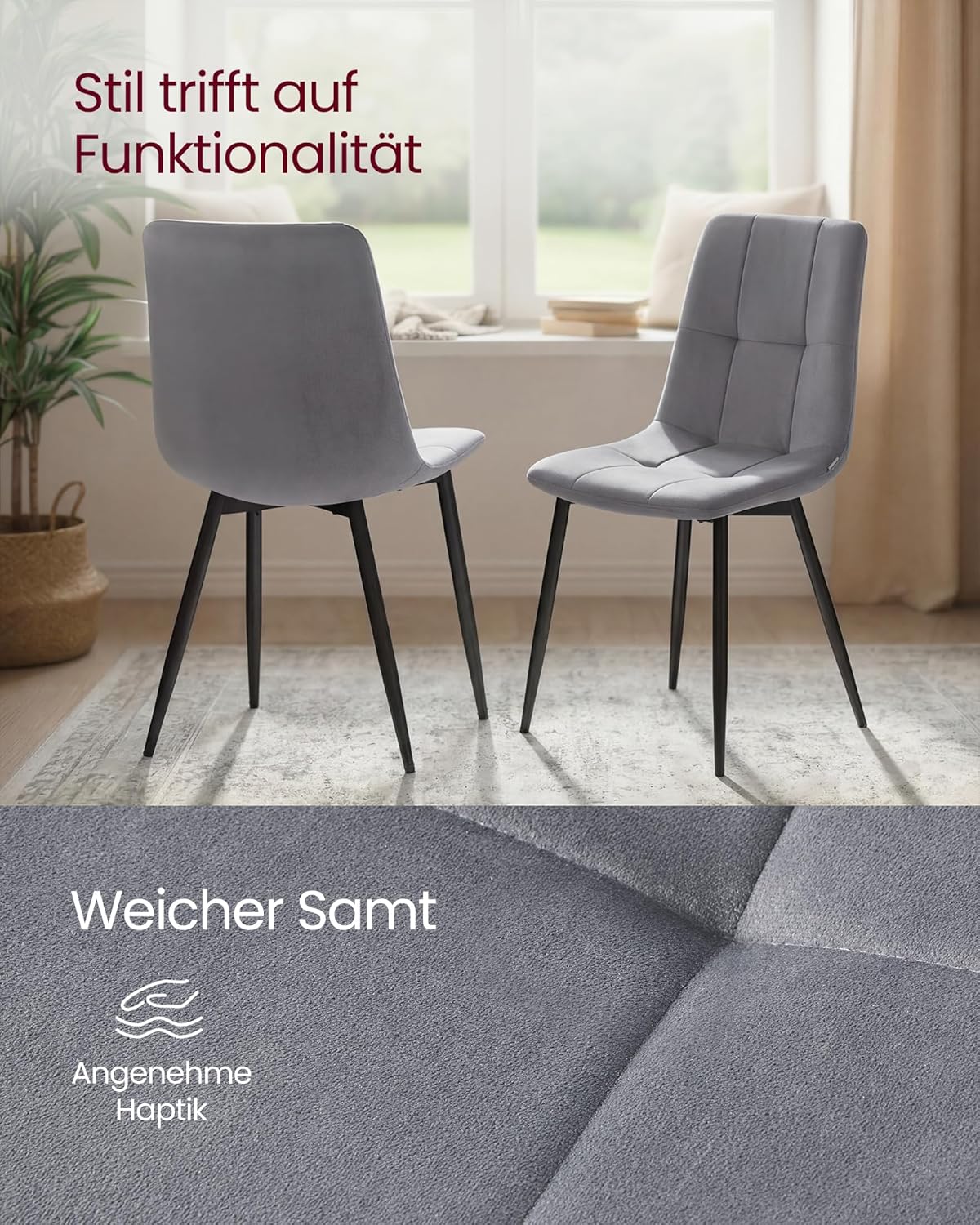 VASAGLE Esszimmerstühle Samt, Küchenstühle bis 120 kg belastbar, Sessel mit verstellbaren Füßen, modern, gepolstert, für Wohnzimmer, 4er Set, schiefergrau KDC080GN01