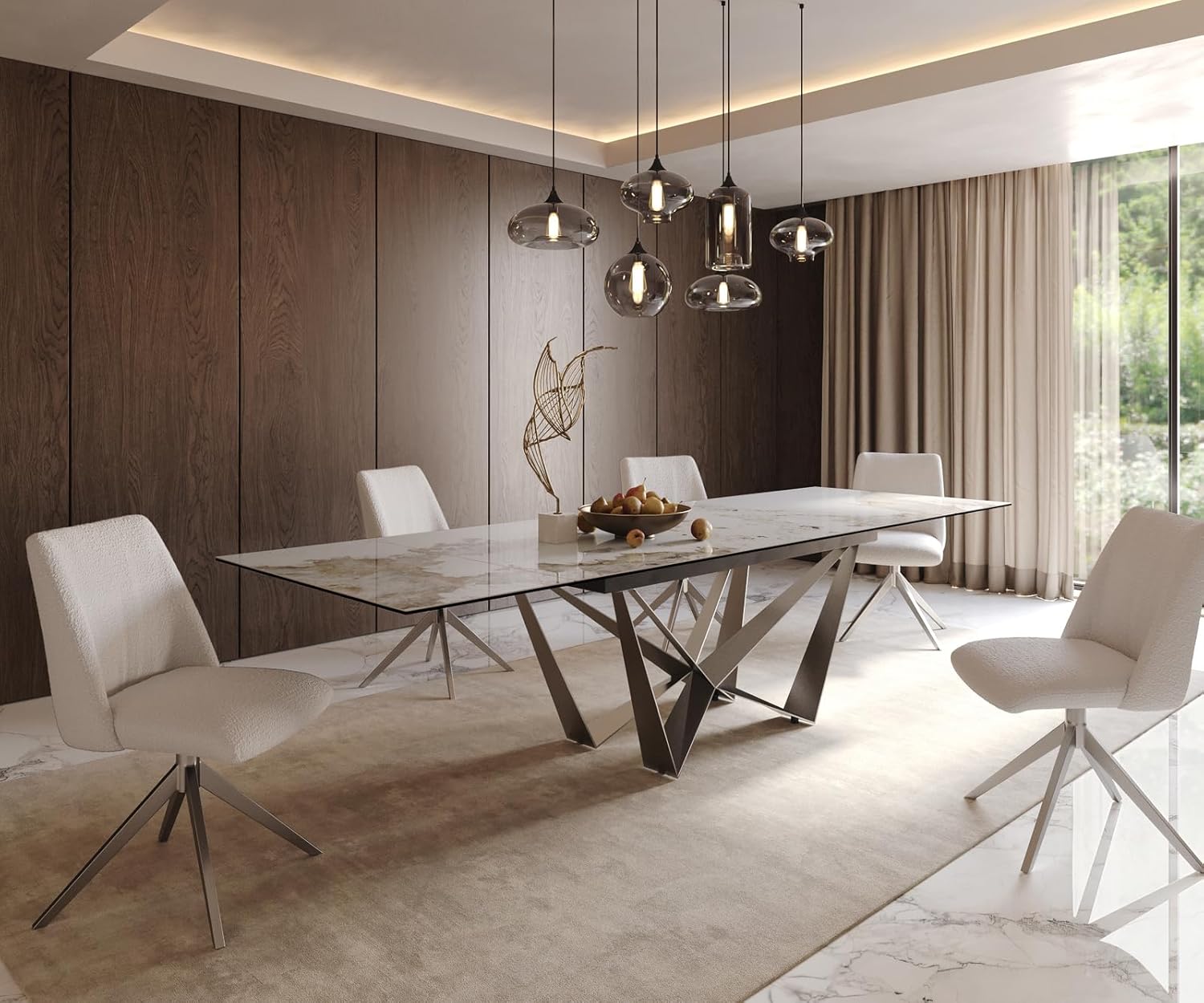 DELIFE Esszimmertisch Edge Keramik Minas Melange Weiß-Beige 200-300x100 Spider Flachstahl Edelstahl ausziehbar