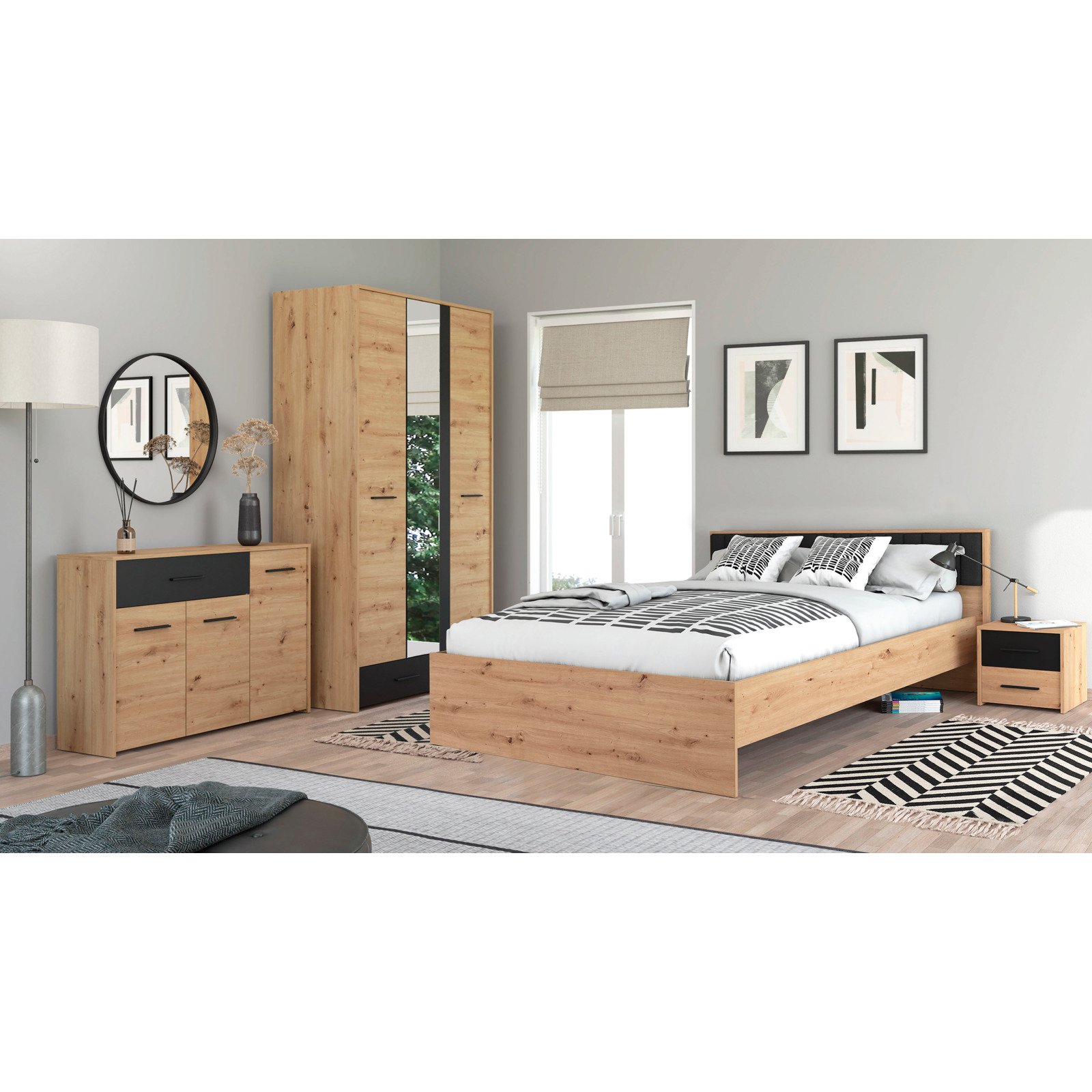 Schrank Varadero Melamin Artisan Eiche schwarz 119 x 204 x 53 cm, mit Spiegel