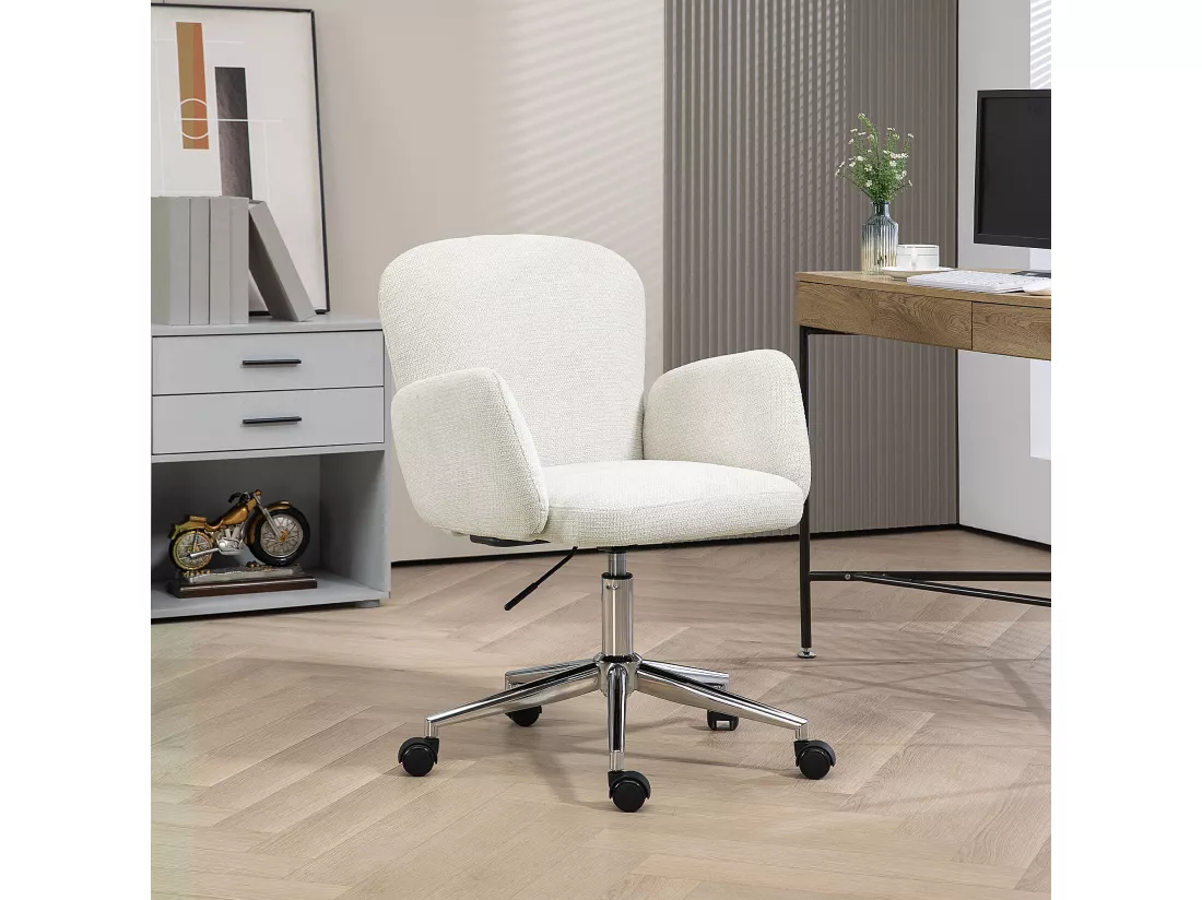 Chaise de bureau design ergonomique réglable pivotante piètement chromé aspect lin écru