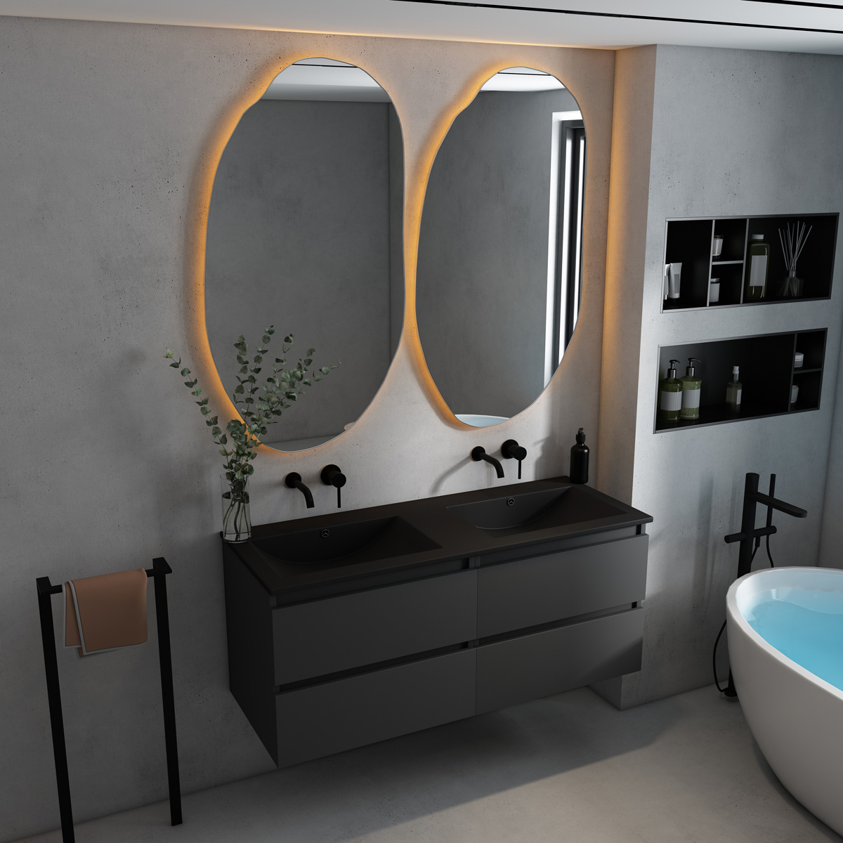 Fontana Rovigo badmeubel 120cm met zwarte wastafel zonder kraangaten zwart mat