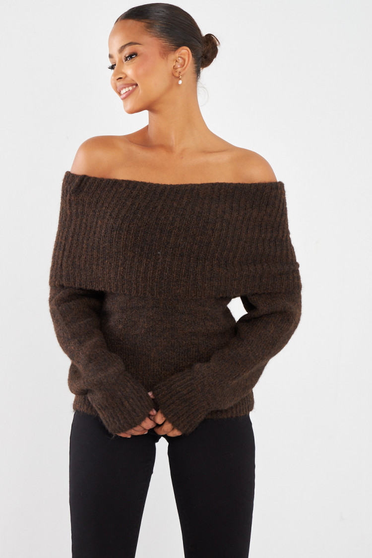 Pull col bateau en laine marron