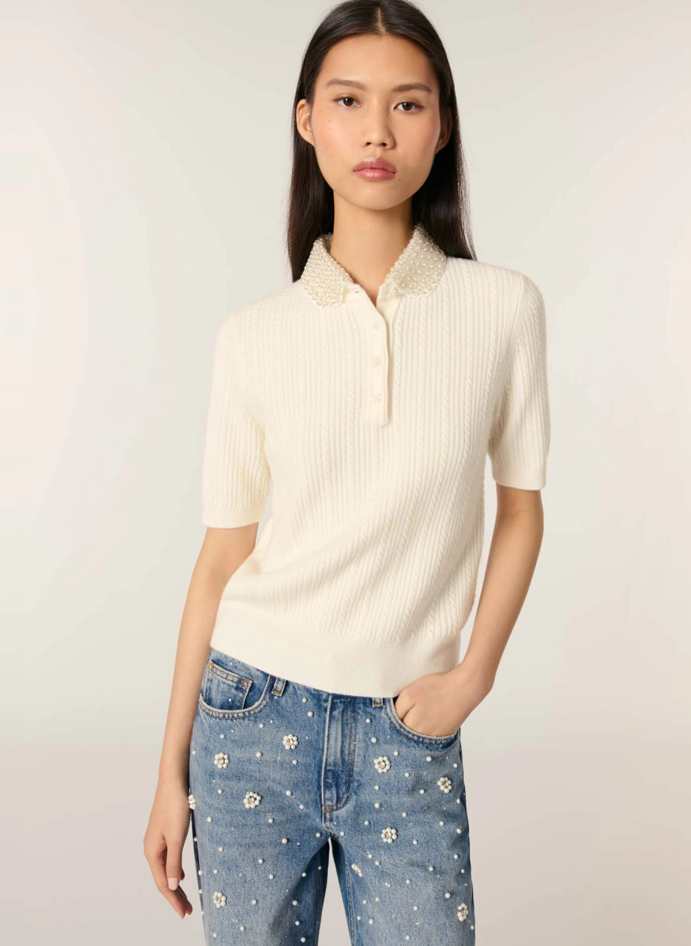 Pull col claudine en laine mélangée | Beige