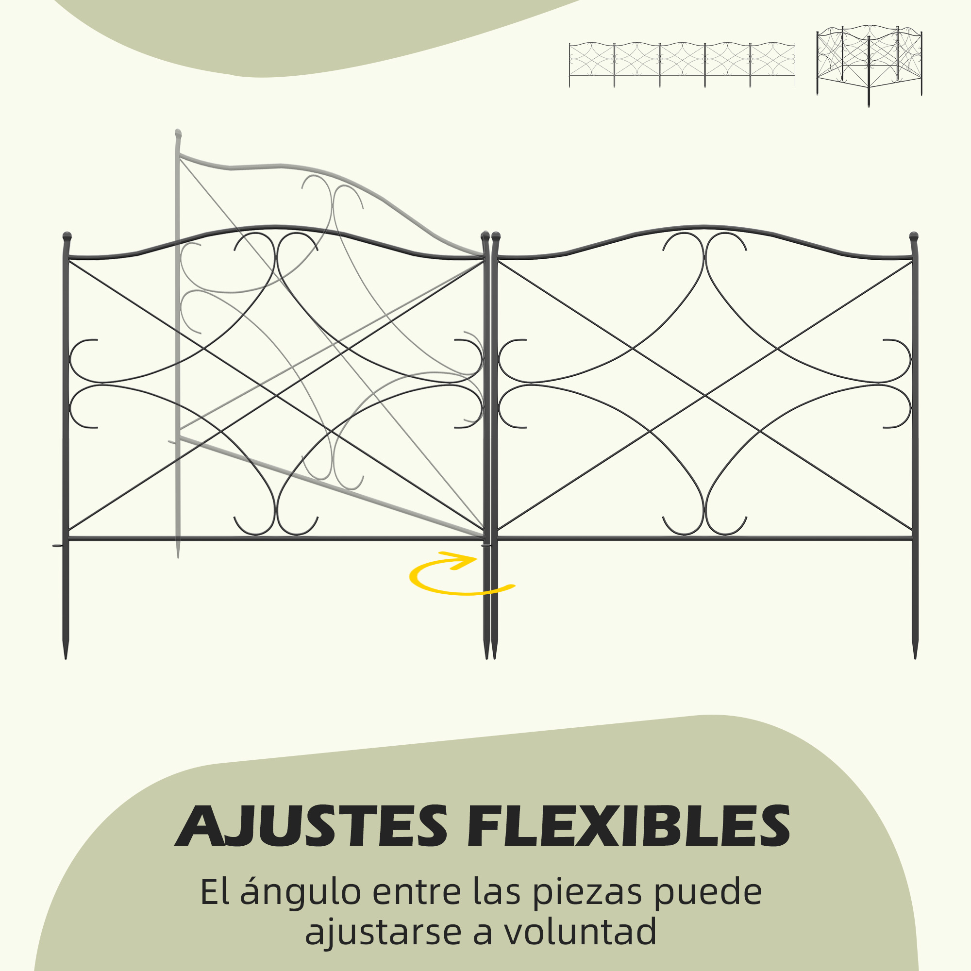 Cerca decorativa de jardim Outsunny com 5 painéis, 305 x 62 cm, cerca de privacidade em metal com estacas e bordadura para gramado, barreira para animais, preta.