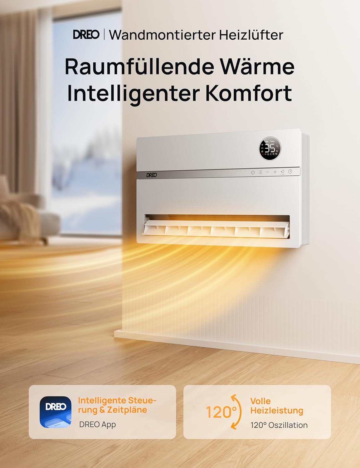 Dreo Smart Heizung Elektrisch, 2000W Elektroheizung Wandkonvektor mit Fernbedienung & App, 120° Oszillation, 5 Modus 3 Geschwindigkeit, 24H Timer, PTC Keramik Heizlüfter Energiesparend mit Thermostat