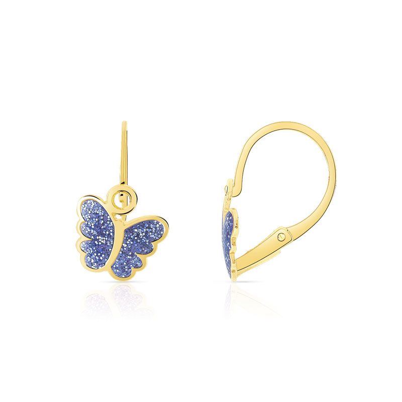 Boucles d'oreilles or 375 jaune et laque brisures papillons