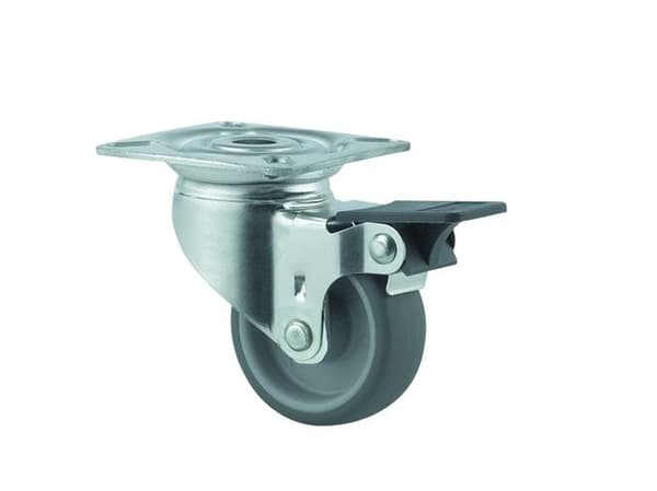 Drejeligt hjul med bremse, gummi, Ø50 mm, 50 kg, glideleje, med plade Byggehøjde: 69 mm. Driftstempe
