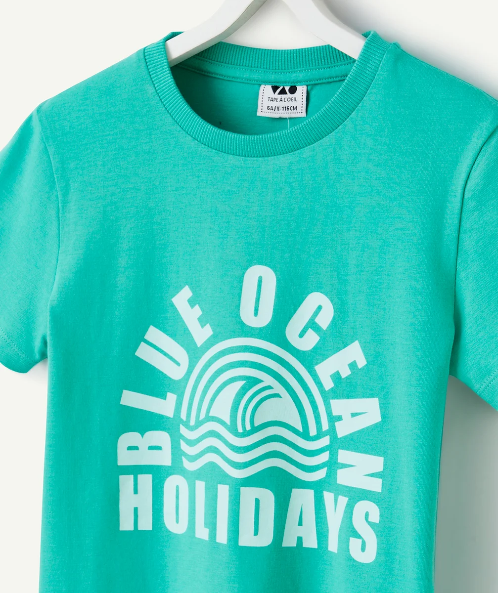 T-SHIRT MANCHES COURTES GARÇON EN COTON BIO VERT AVEC MOTIF OCÉAN