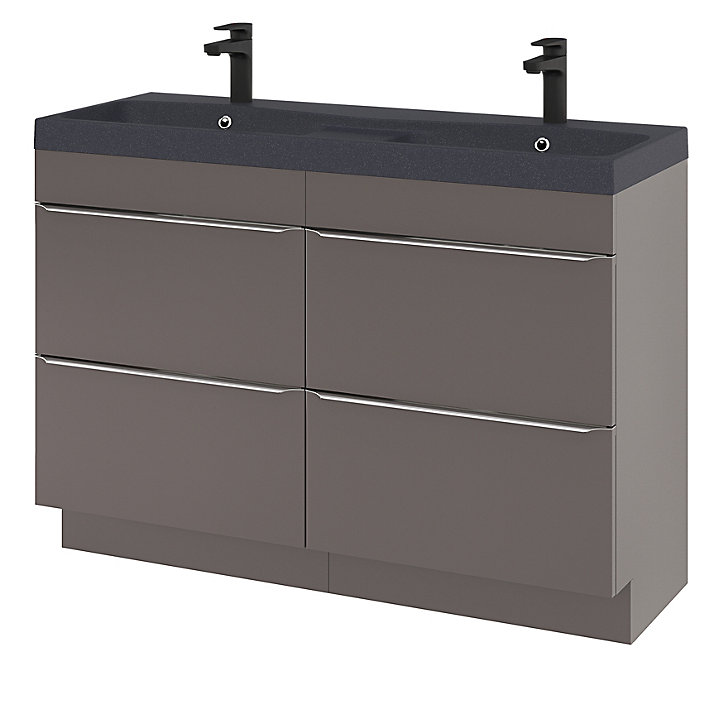 Ensemble salle de bains l.120 cm meuble à poser Imandra gris taupe brillant + plan double vasque résine noir