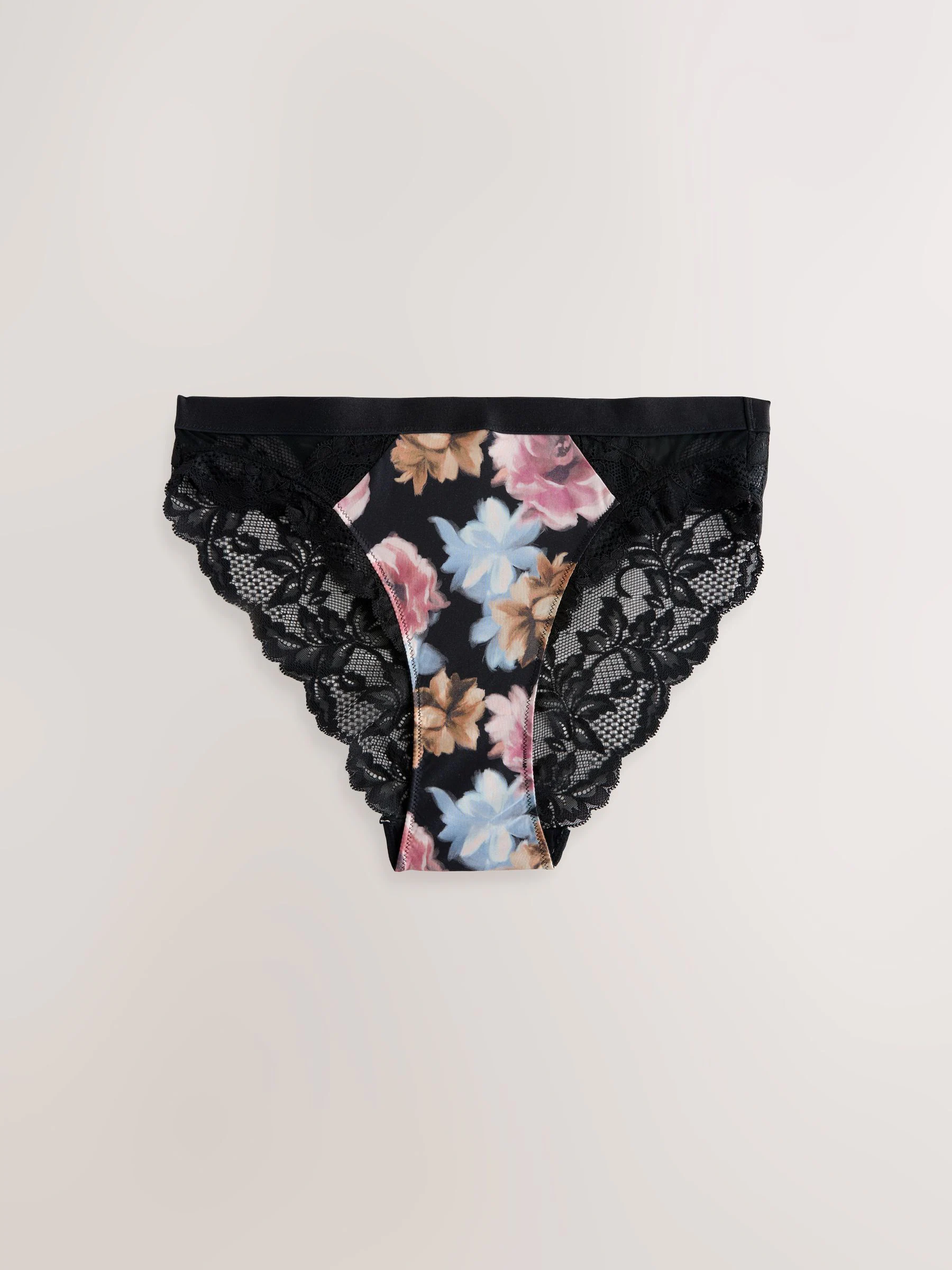 Zwart met print/roze - Slipje met kanten afwerking