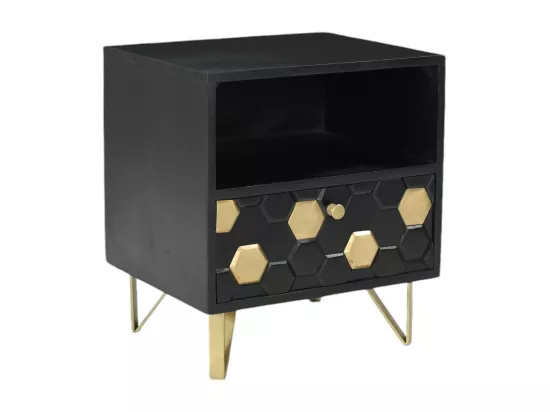 Table de chevet 1 tiroir et 1 niche - Bois de manguier et métal - Noir et doré - BELORI