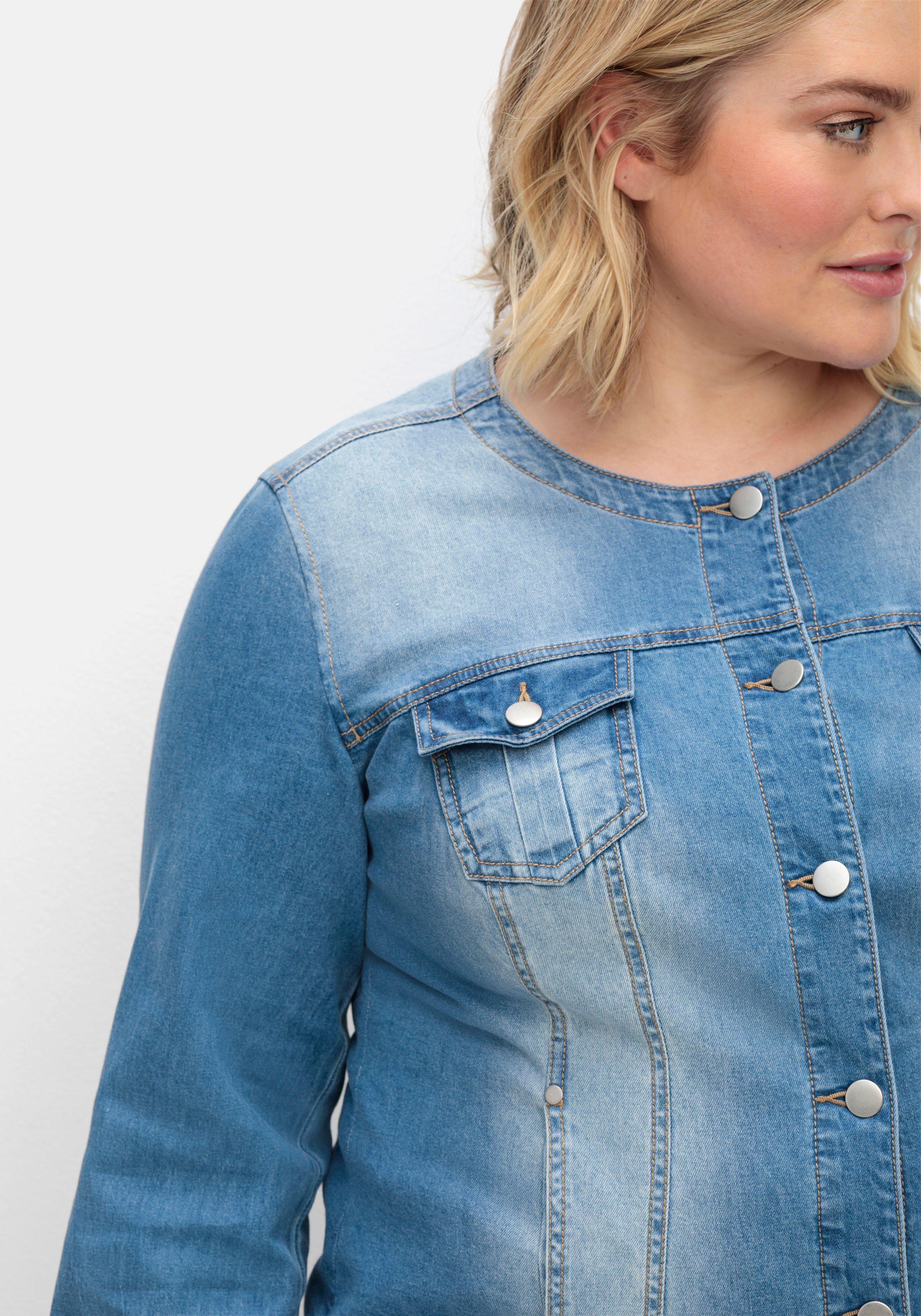 Jeansjacke in kragenloser Form, mit Waschung