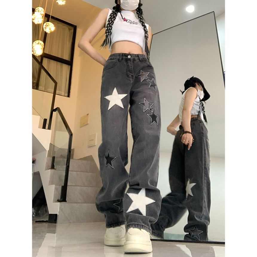 Wisjam - High Rise Star Patchwork Straight Leg Jeans