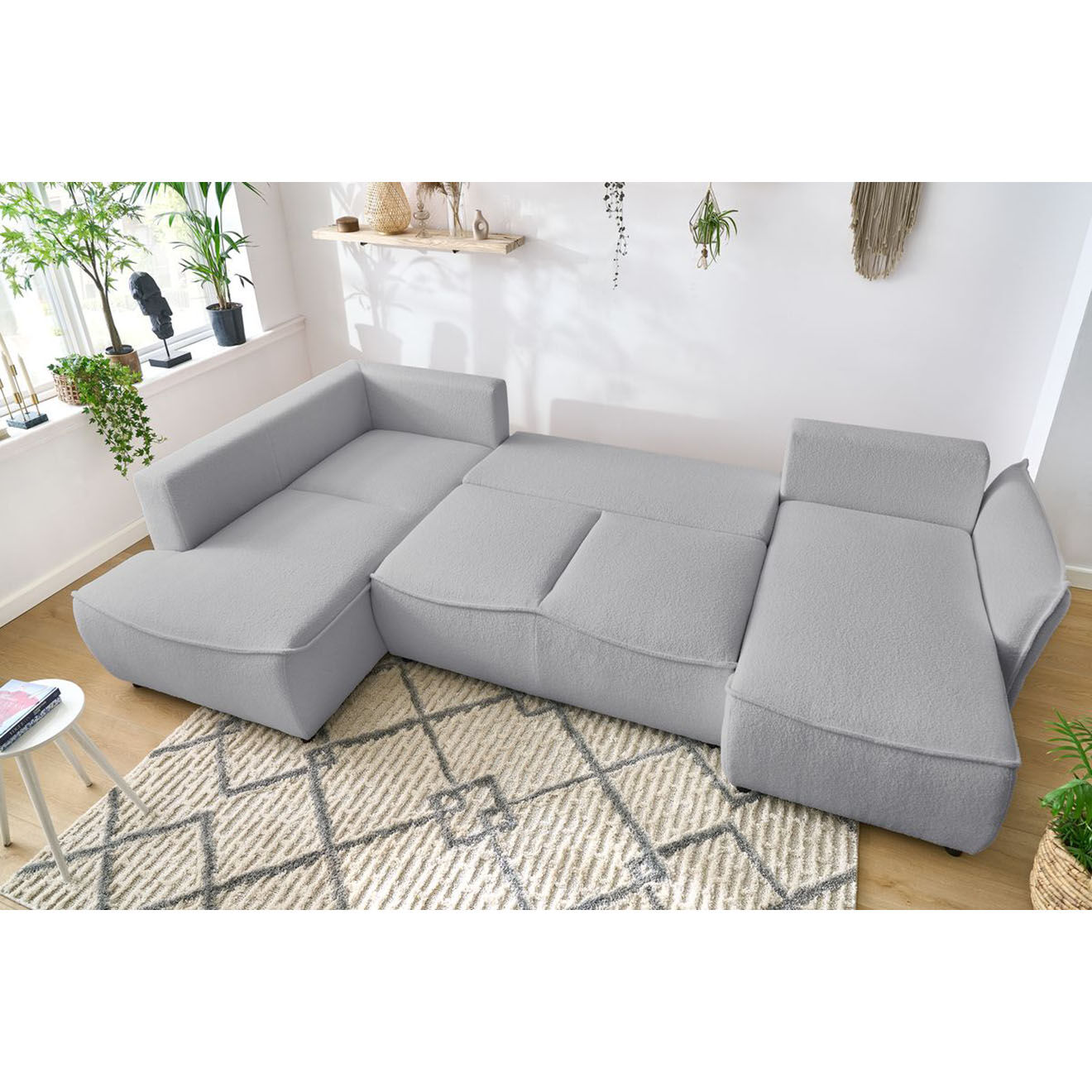Bobochic Canapé panoramique convertible coffre d'angle droit bouclette léon gris clair - 320x194x90 cm