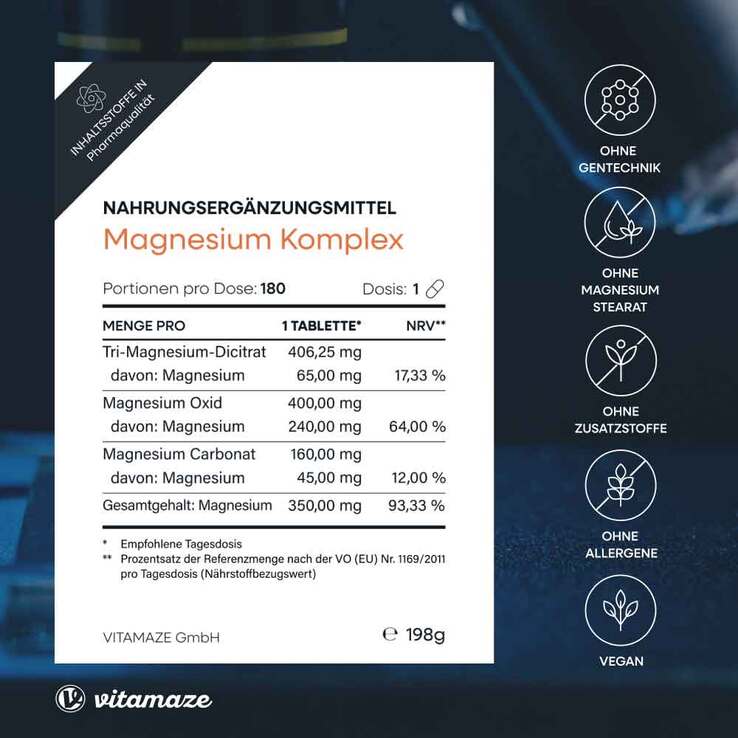 Magnesium 350 mg Komplex Citrat / Oxid / Carbonat vegan Tabletten , 180 St