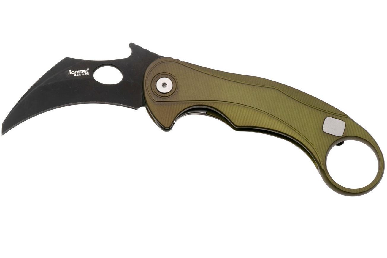 LionSteel L.E.One Mid LE2-GB, Old Black M390, Green Aluminum, karambit zakmes