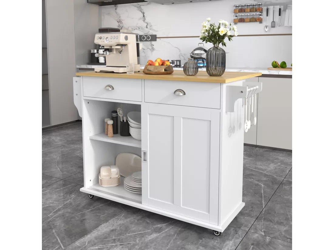 Ilot central de cuisine mobile avec 2 portes coulissantes - plateau extensible - 112x40(70)x94 cm - Bois MDF + métal - Blanc et bois