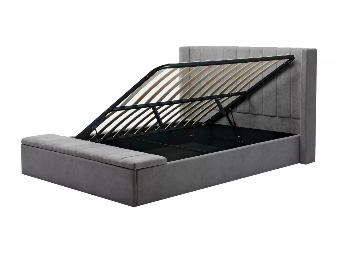 Lit coffre 160 x 200 cm avec banc - Tissu - Gris + Matelas - DOUINO